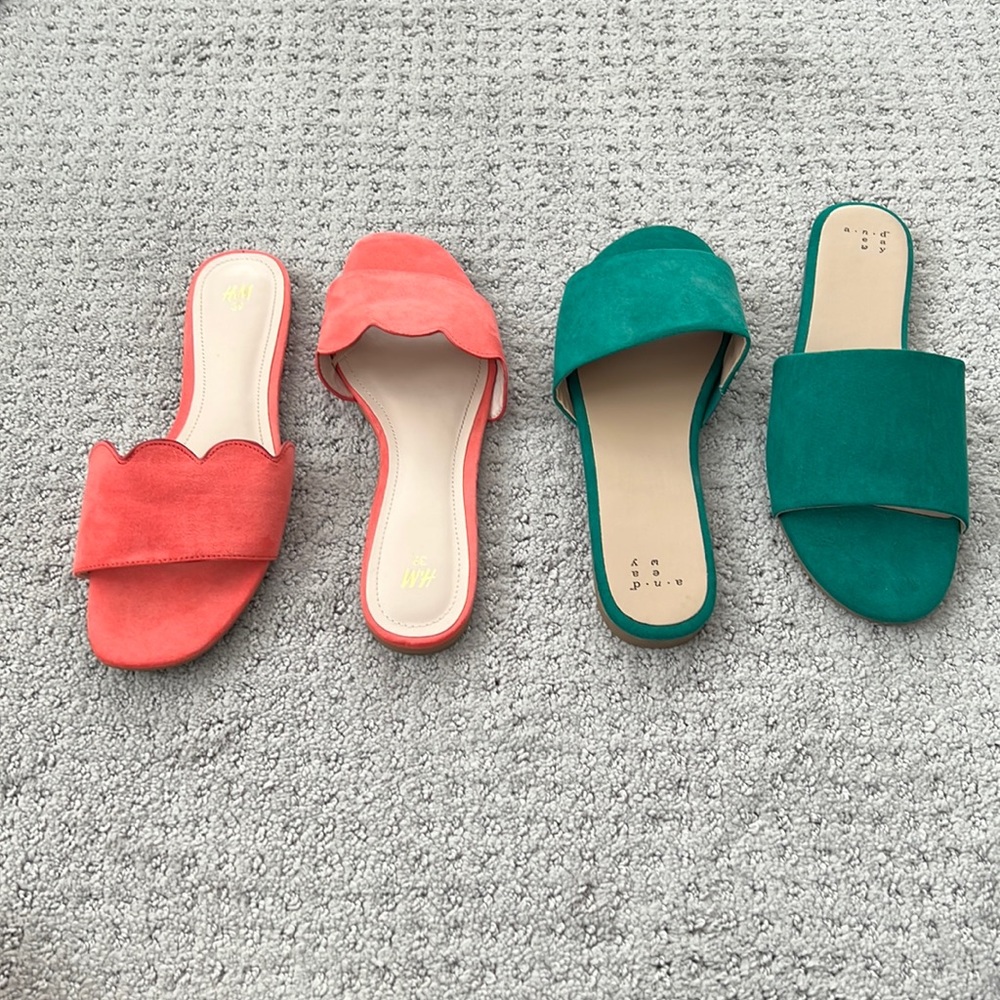 Set of flats, pink and green faux suede